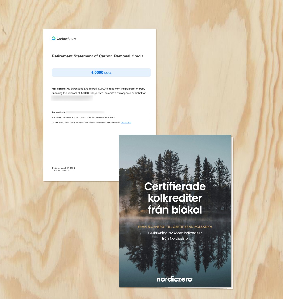 Example of a Carbonfuture retirement statement and Nordiczero’s description of purchased carbon credits, shown in Swedish.